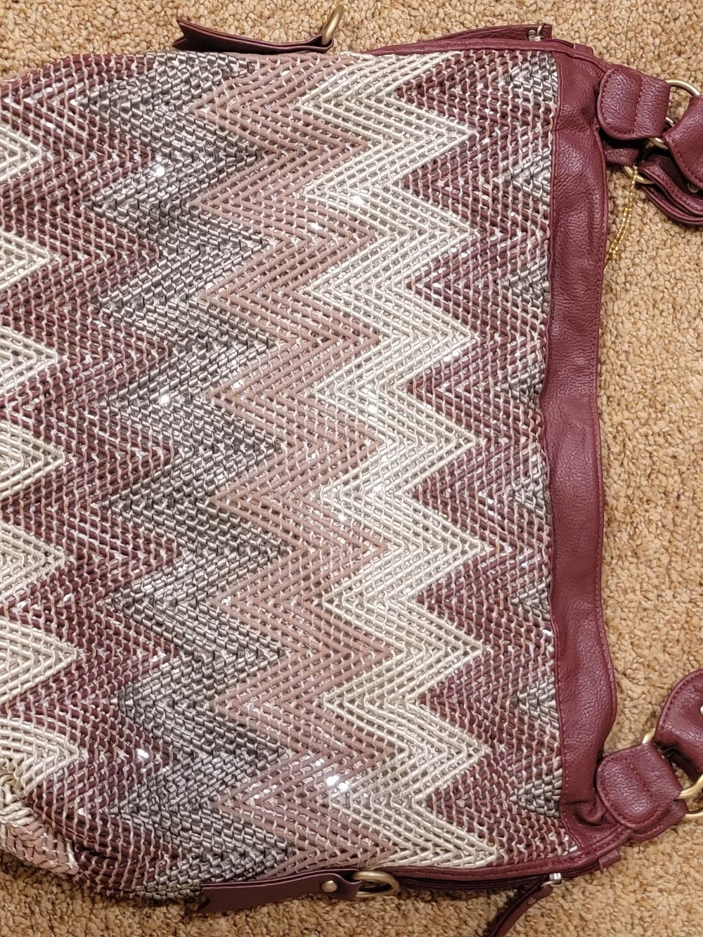 Big Buddha Burgundy, Blush and Cream Woven Chevron Hobo